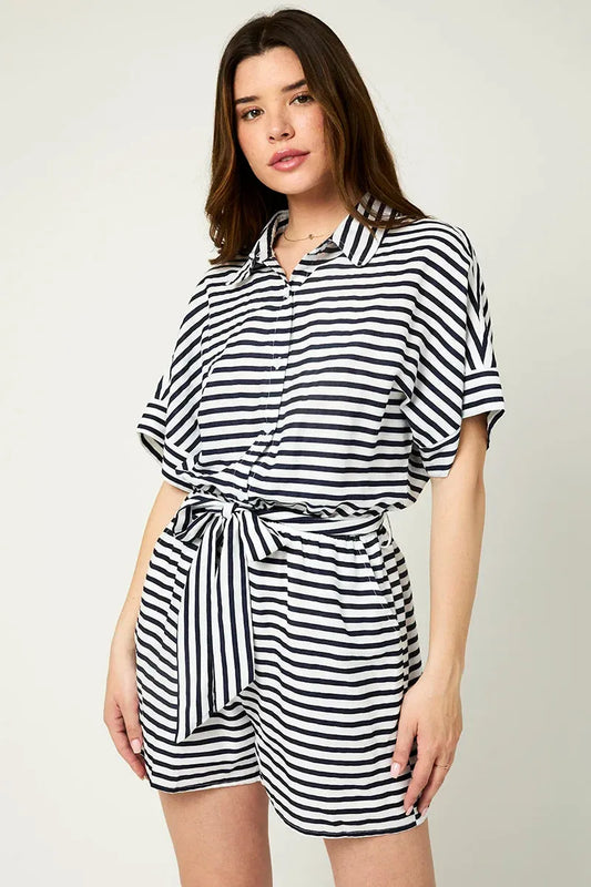 Striped Wide Short Sleeve Collared Belted Oversized Romper - Tasha Apparel Wholesale
