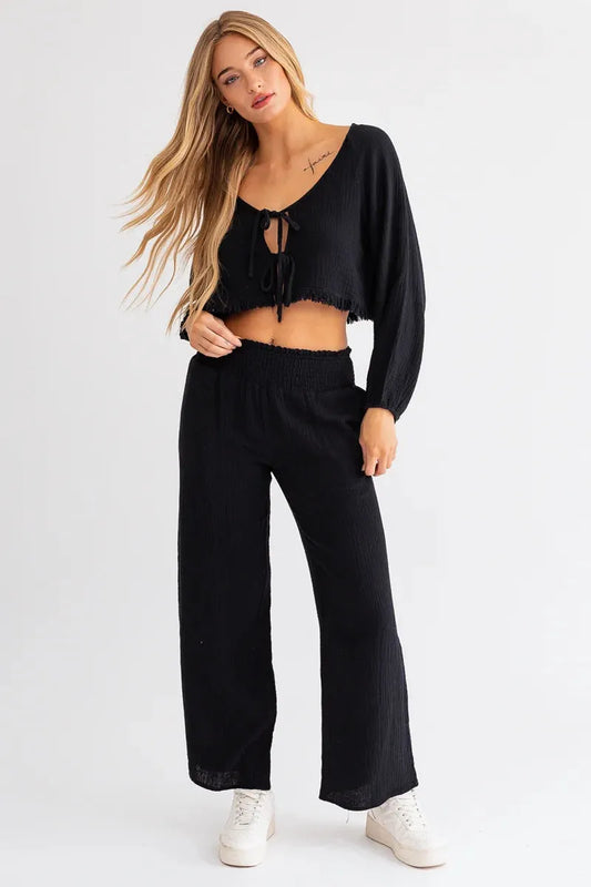 Cotton Smocked Waist Side Pocket Wide Leg Pants - Tasha Apparel Wholesale