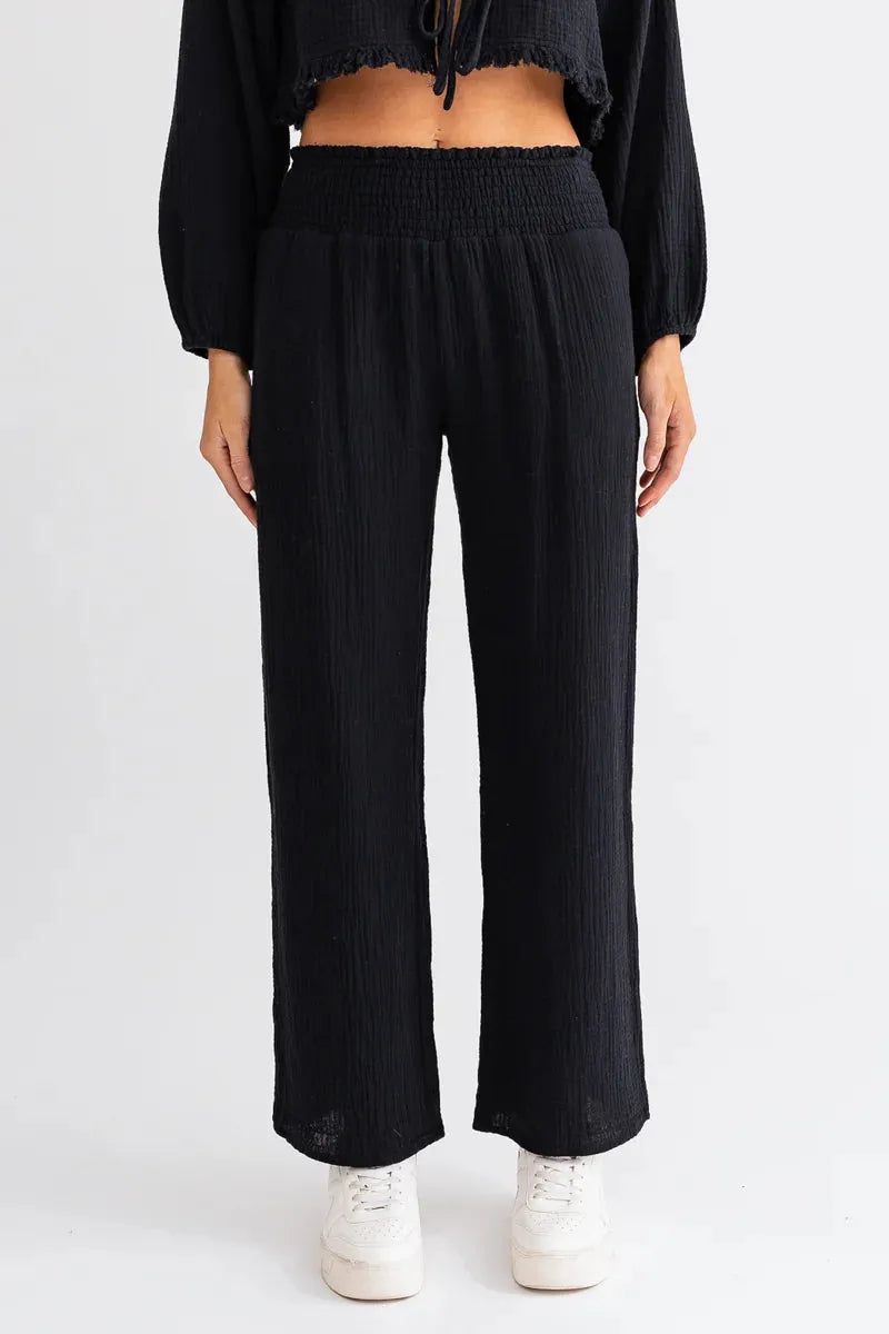 Cotton Smocked Waist Side Pocket Wide Leg Pants - Tasha Apparel Wholesale