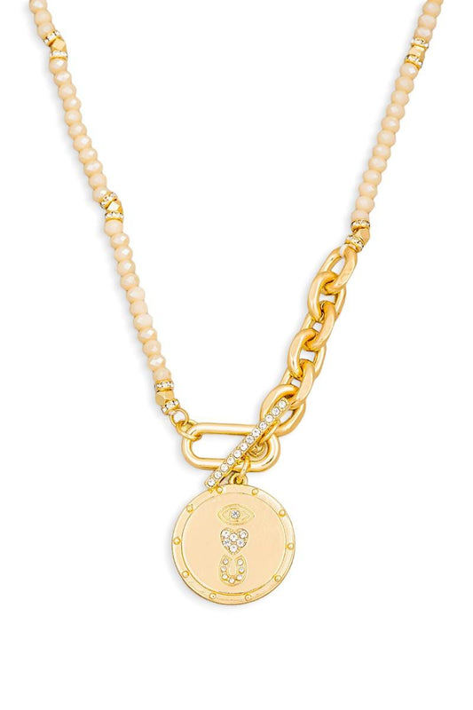 Beaded Chain Rhinestone Eye Love U Coin Necklace - Tasha Apparel Wholesale
