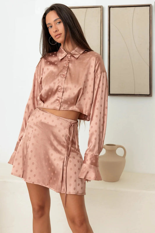 Polka Satin Collared Crop Top & High Waist Skirt Set - Tasha Apparel Wholesale