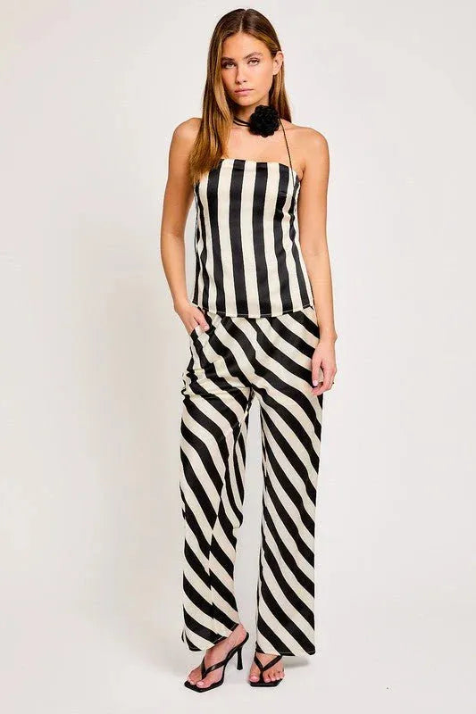Strapless A-Line Striped Top and High Waisted Pants Set - Tasha Apparel Wholesale