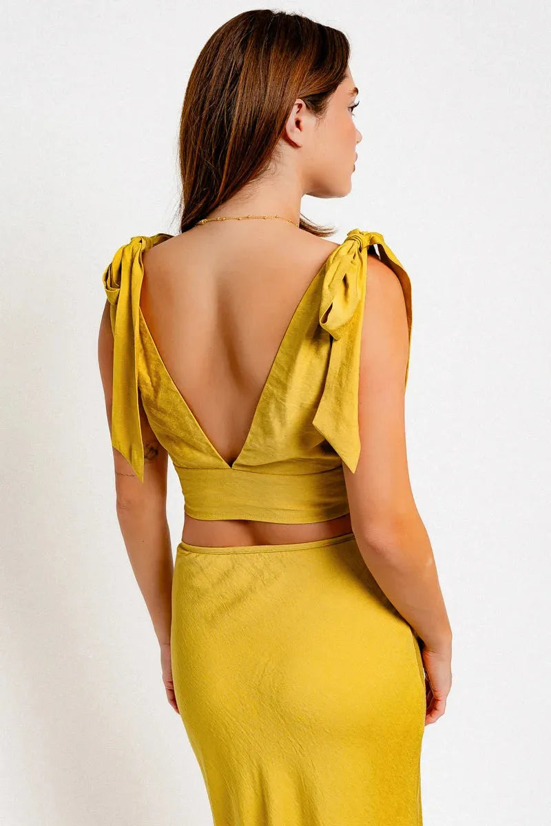 V-Neck back Tie Crop Top & Bias Maxi Skirt Set - Tasha Apparel Wholesale