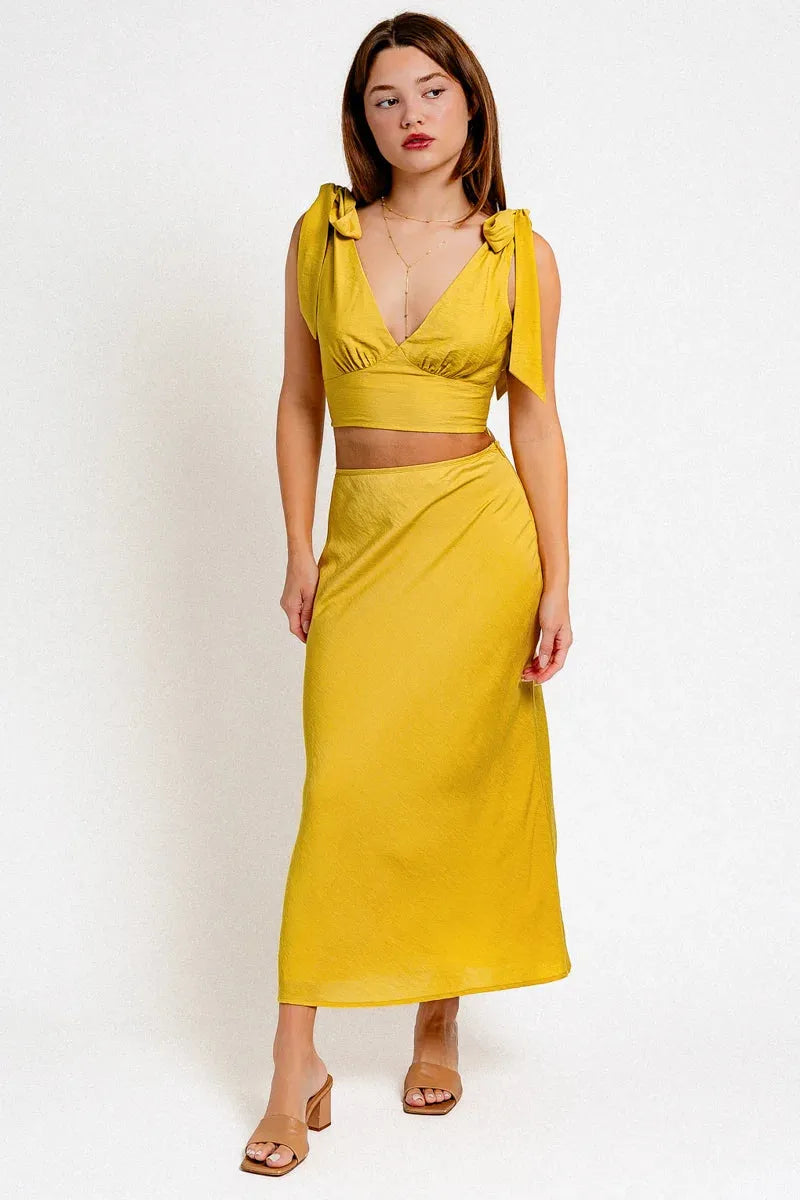 V-Neck back Tie Crop Top & Bias Maxi Skirt Set - Tasha Apparel Wholesale