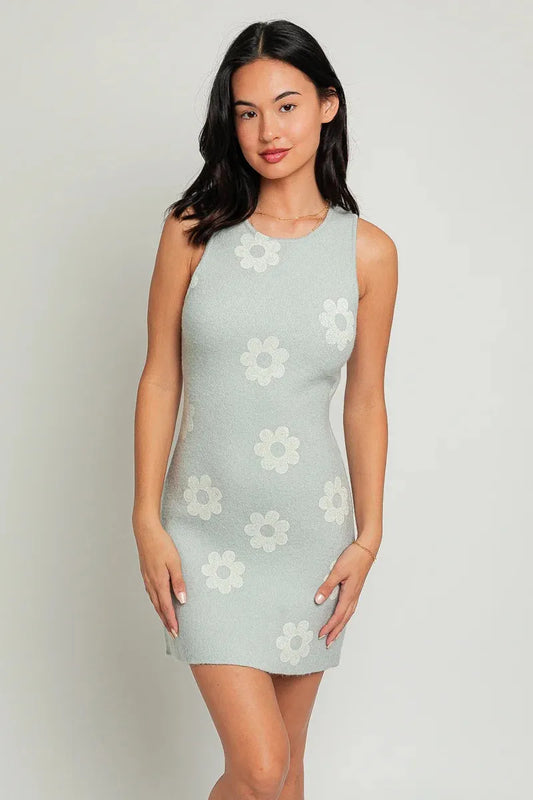 Sleeveless Round Neck Floral Printed Sweater Mini Dress - Tasha Apparel Wholesale