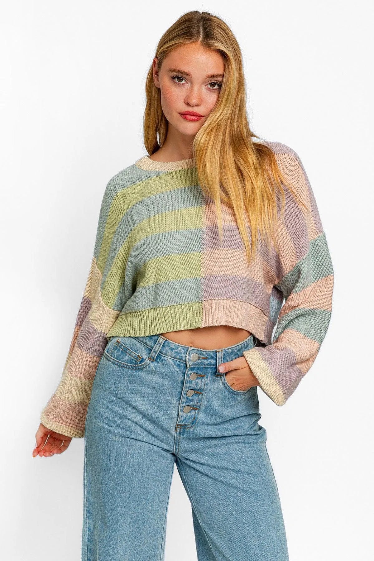 Long Sleeve Multi Color Cropped Knit Sweater - Tasha Apparel Wholesale