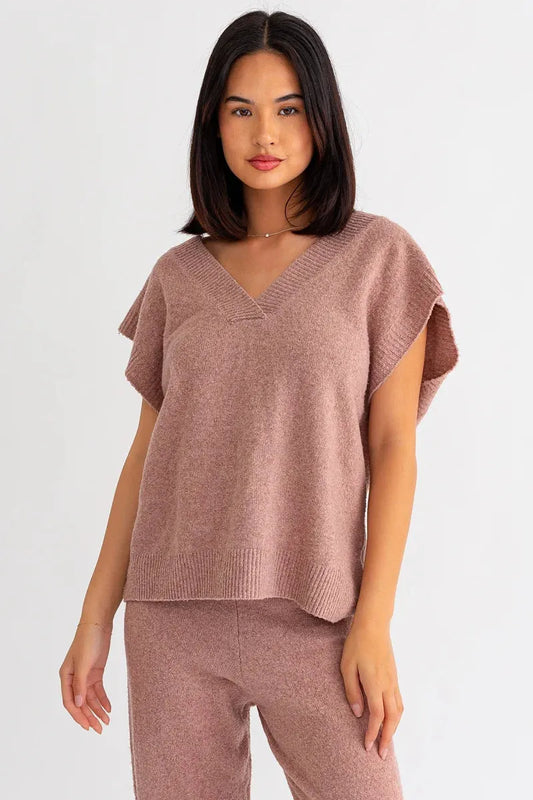"Recycled Yarn" V-Neck Sleeveless Sweater Top - Tasha Apparel Wholesale