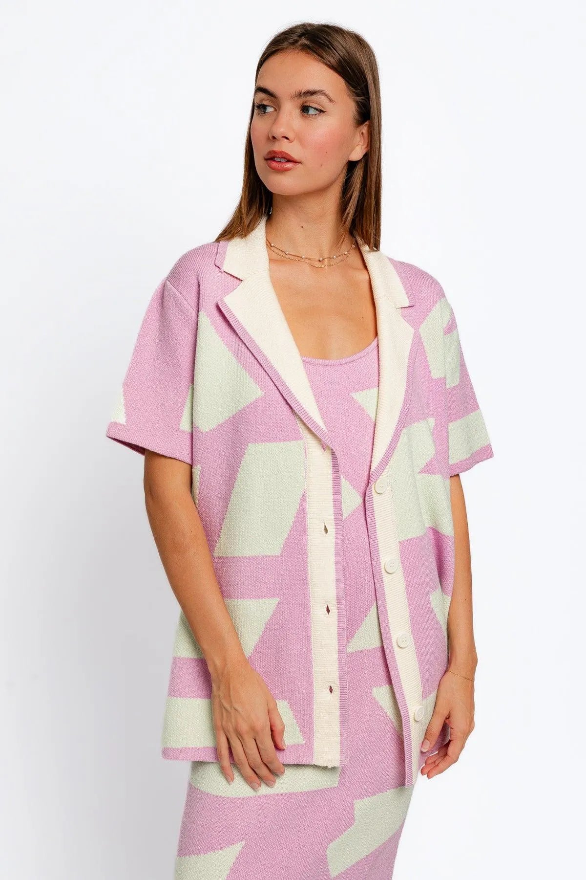 Geometric Short Sleeve Collared Knit Cardigan - Tasha Apparel Wholesale