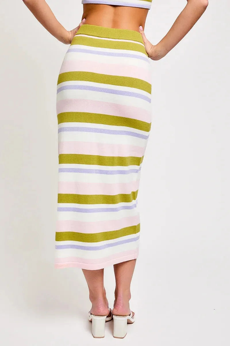 Striped Rib Sweater Crop Top & High Waist Midi Skirt Set - Tasha Apparel Wholesale