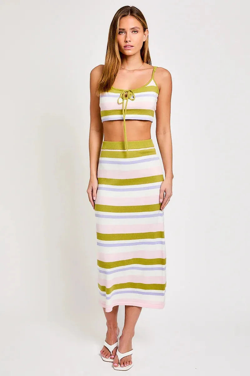 Striped Rib Sweater Crop Top & High Waist Midi Skirt Set - Tasha Apparel Wholesale