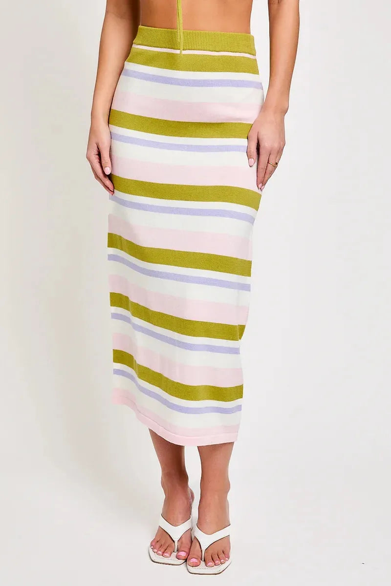 Striped Rib Sweater Crop Top & High Waist Midi Skirt Set - Tasha Apparel Wholesale