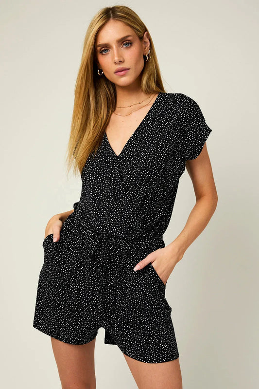 Polka Dot Short Sleeve Surplice Elastic Waist Romper - Tasha Apparel Wholesale