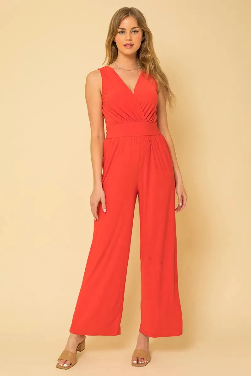 Sleeveless Pockets Surplice Jumpsuit - Tasha Apparel Wholesale