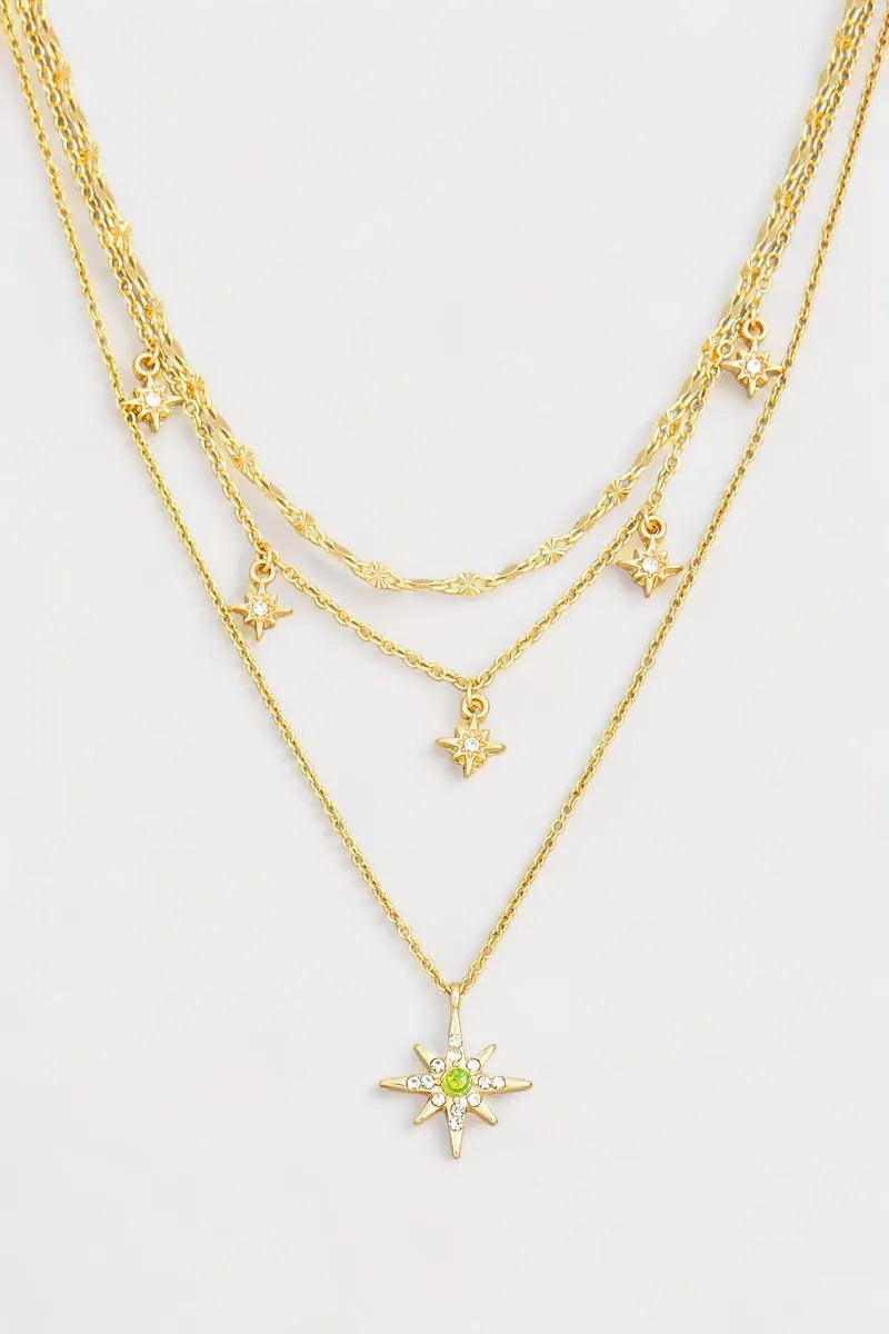 Layered Metal Chain Rhinestone Star Charm Necklace - Tasha Apparel Wholesale
