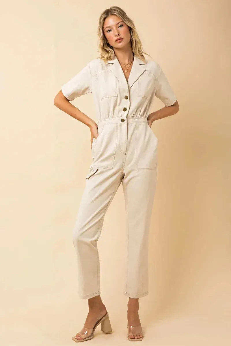 Short Sleeve Button Up Utility Denim Jumpsuit - Tasha Apparel Wholesale