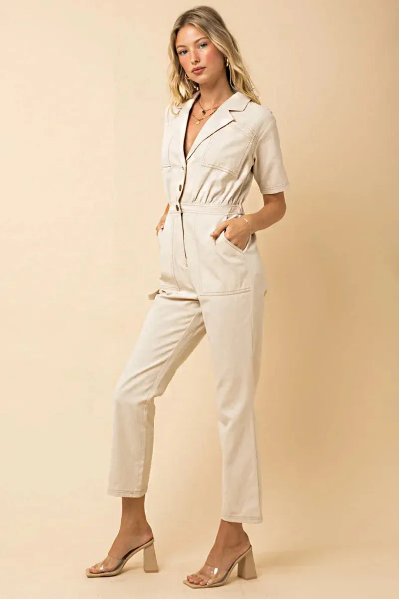 Short Sleeve Button Up Utility Denim Jumpsuit - Tasha Apparel Wholesale