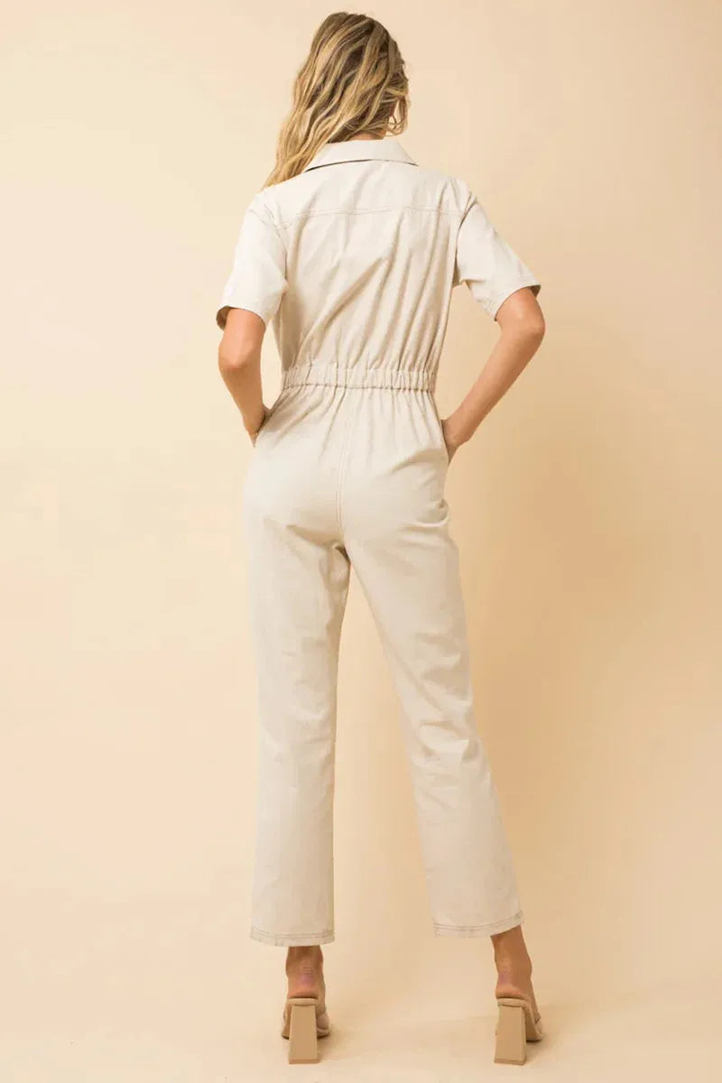 Short Sleeve Button Up Utility Denim Jumpsuit - Tasha Apparel Wholesale