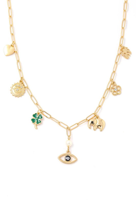Evil Eye Clover Leaf Elephant Luck Charms Necklace - Tasha Apparel Wholesale