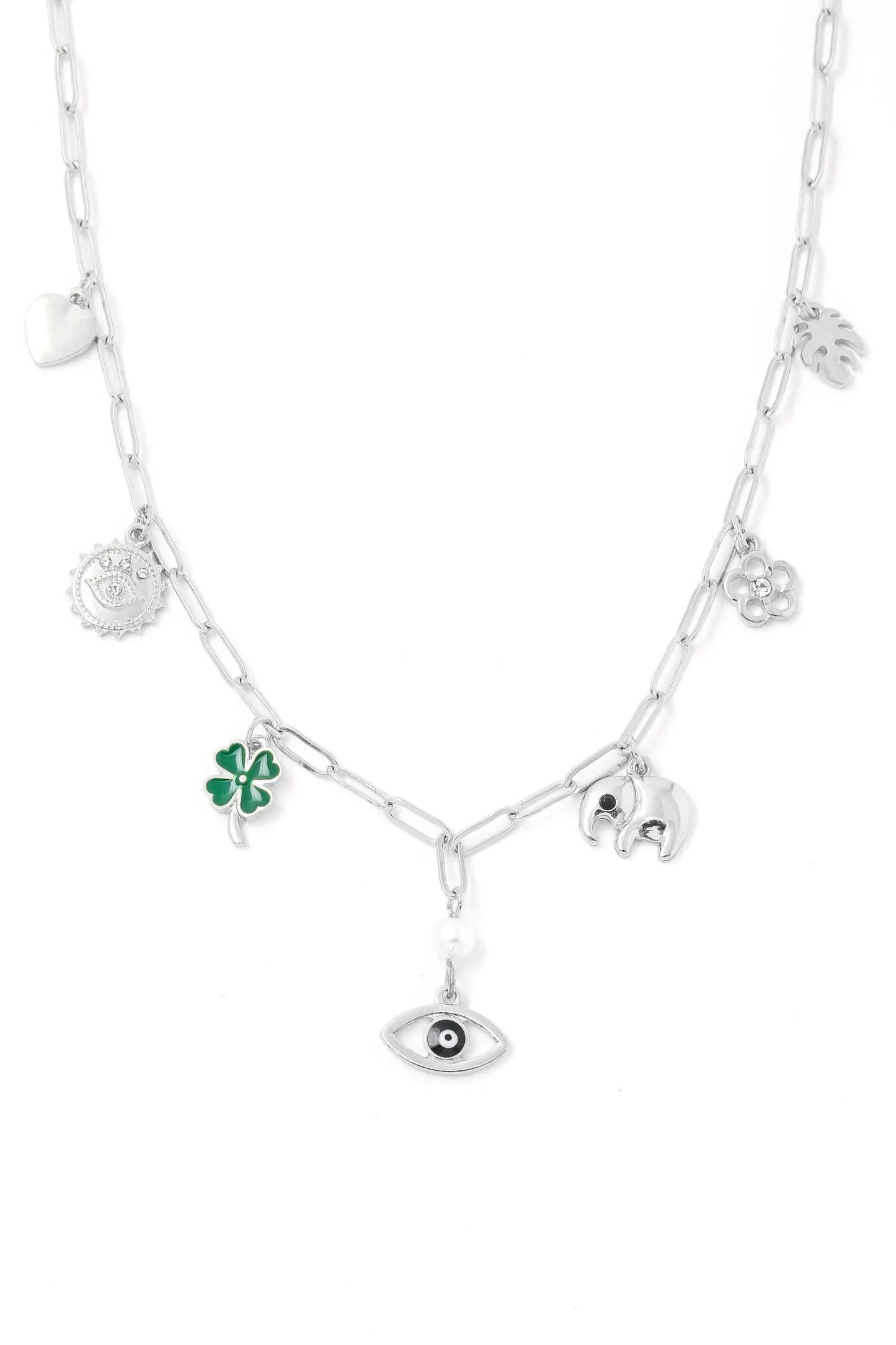 Evil Eye Clover Leaf Elephant Luck Charms Necklace - Tasha Apparel Wholesale
