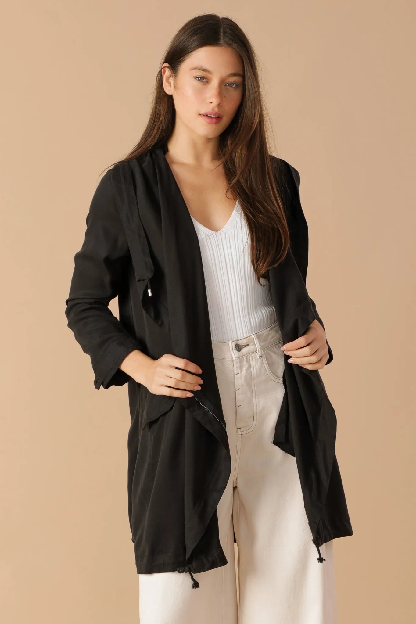 Draped Wide Asymmetrical Lapel Collar Hooded Jacket - Tasha Apparel Wholesale