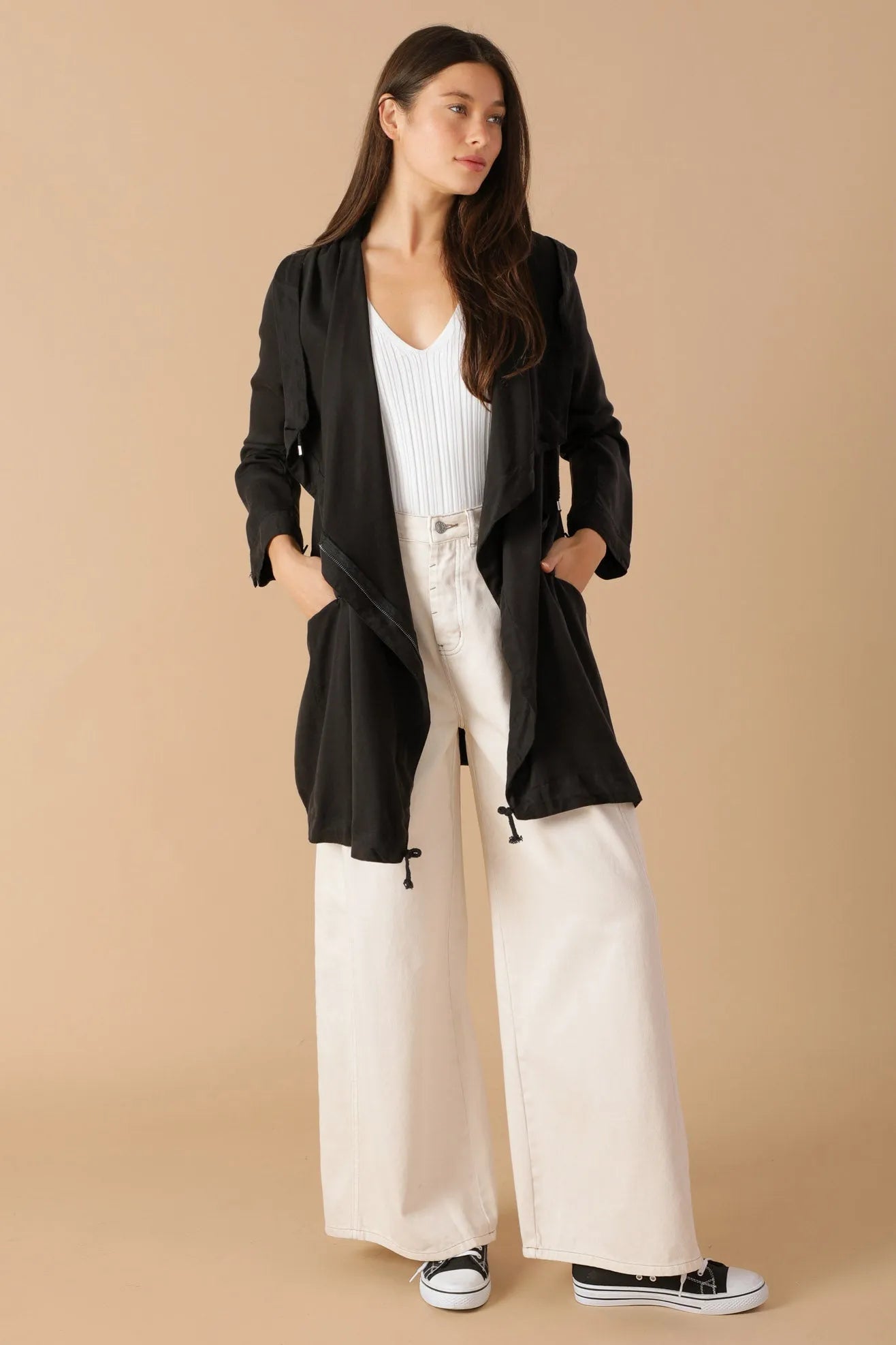 Draped Wide Asymmetrical Lapel Collar Hooded Jacket - Tasha Apparel Wholesale