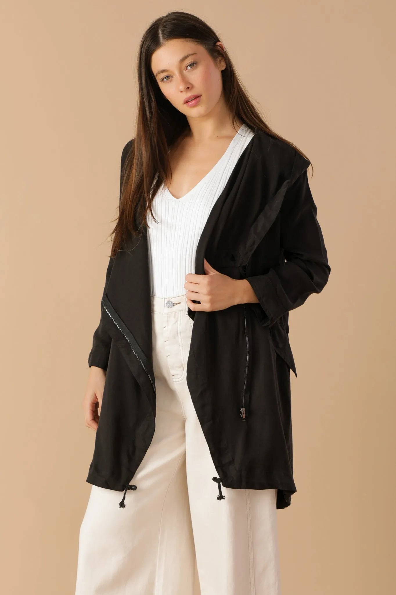 Draped Wide Asymmetrical Lapel Collar Hooded Jacket - Tasha Apparel Wholesale