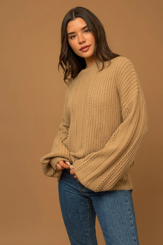 Round Neck Balloon Sleeve Braid Knit Sweater - Tasha Apparel Wholesale