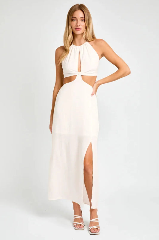 Cut-Out Halter Side Slit Back Tie Maxi Dress - Tasha Apparel Wholesale