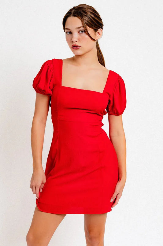 Puff Short Sleeve Open Back Mini Dress - Tasha Apparel Wholesale