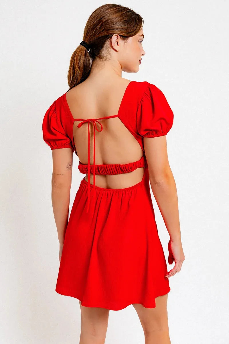 Puff Short Sleeve Open Back Mini Dress - Tasha Apparel Wholesale
