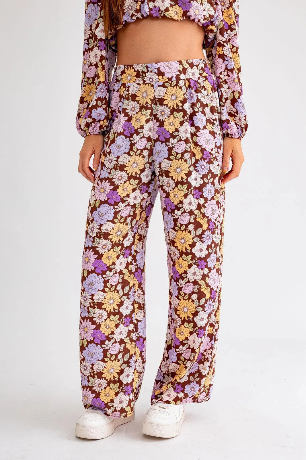 Floral Long Sleeve Crop Top & Wide Leg Pants Set - Tasha Apparel Wholesale