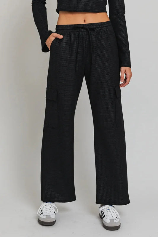 Black Mid Waist Drawstring Wide Knit Cargo Pants - Tasha Apparel Wholesale