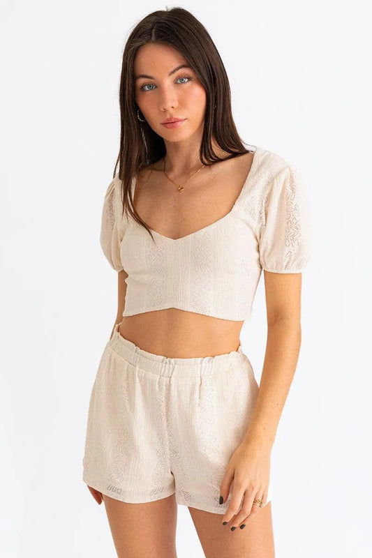 Lace Short Puff Sleeve Smocked Back Crop Top - Tasha Apparel Wholesale
