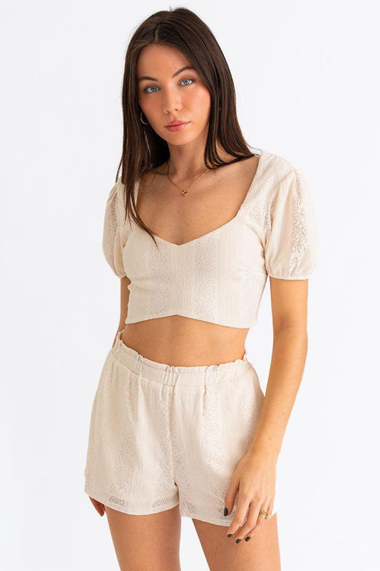 Lace Puff Sleeve Crop Top & Paperbag Shorts Set - Tasha Apparel Wholesale