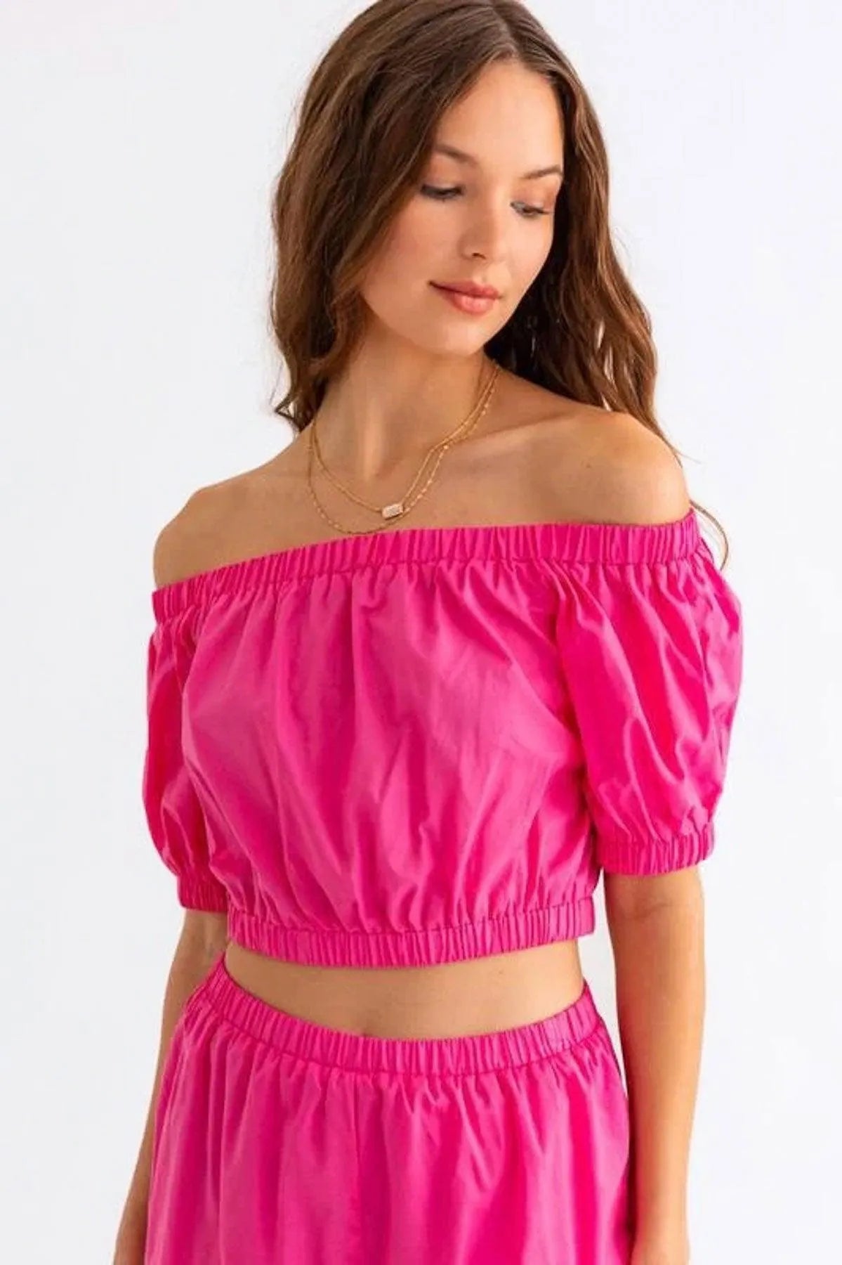 Hot Pink Off Shoulder Crop Top Ruffle Shorts Set - Tasha Apparel Wholesale