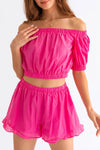 Hot Pink Off Shoulder Crop Top Ruffle Shorts Set - Tasha Apparel Wholesale