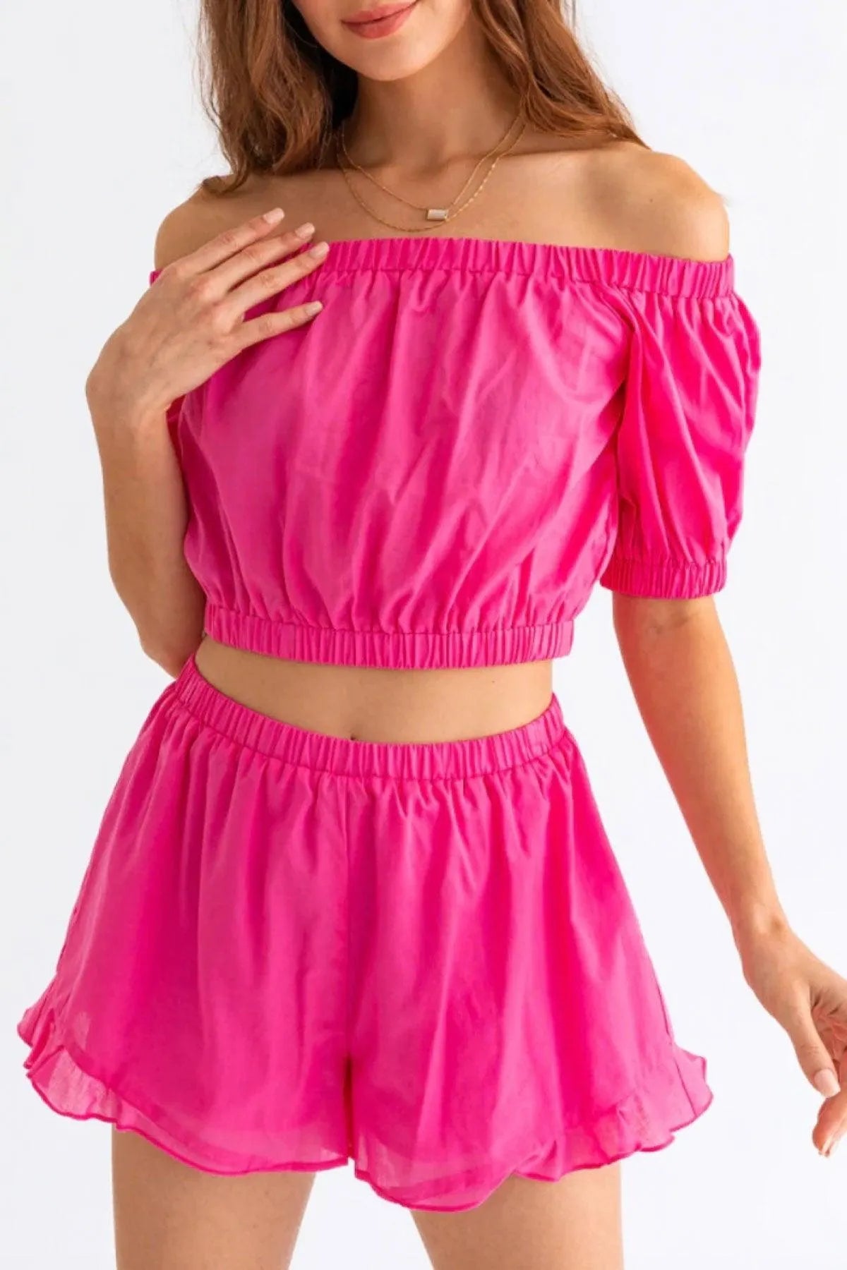 Hot Pink Off Shoulder Crop Top Ruffle Shorts Set - Tasha Apparel Wholesale