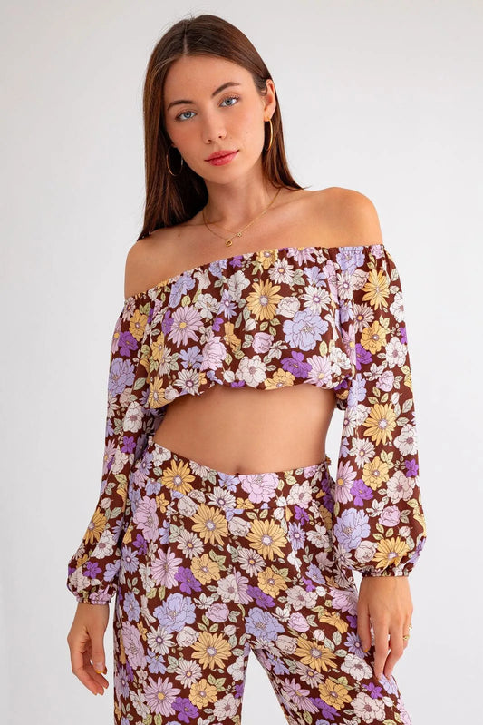 Floral Long Sleeve Crop Top & Wide Leg Pants Set - Tasha Apparel Wholesale