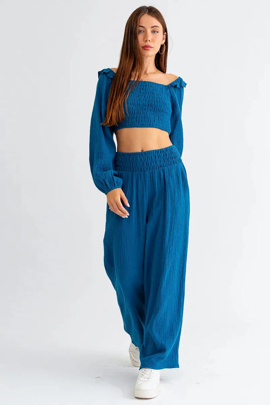 Cotton Smocked Long Sleeve Crop Top & Mid Waist Pants Set - Tasha Apparel Wholesale