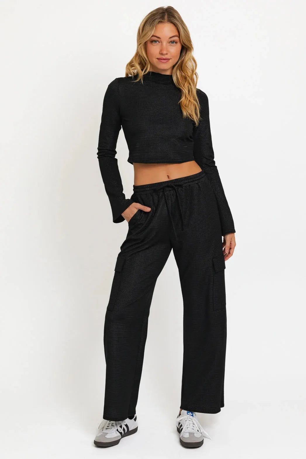 Mock neck Bell Sleeve Crop Top & Knit Cargo Pants Set - Tasha Apparel Wholesale