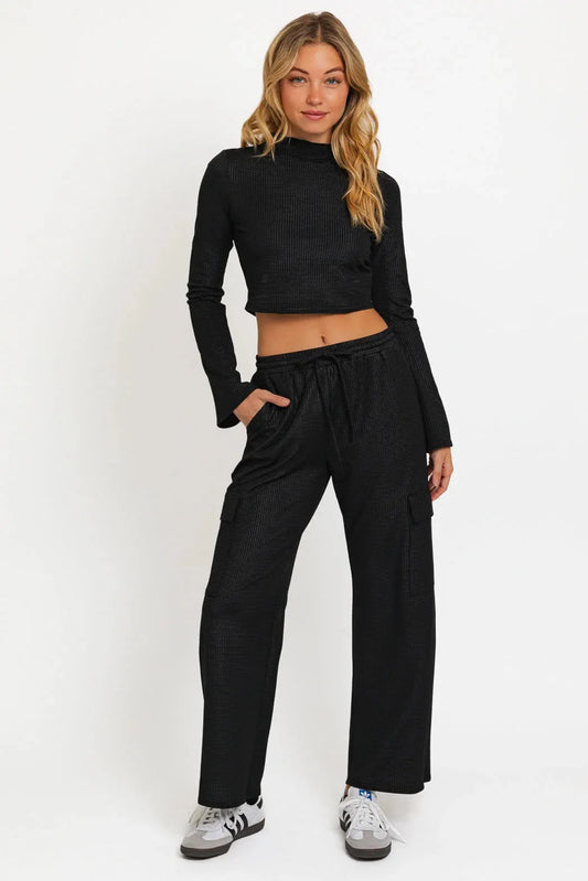 Mock neck Bell Sleeve Crop Top & Knit Cargo Pants Set - Tasha Apparel Wholesale