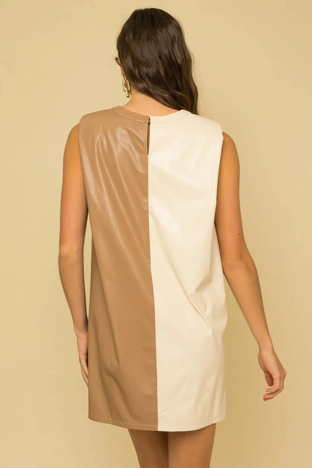 Color Block Padded Shoulder Faux Leather Mini Dress - Tasha Apparel Wholesale