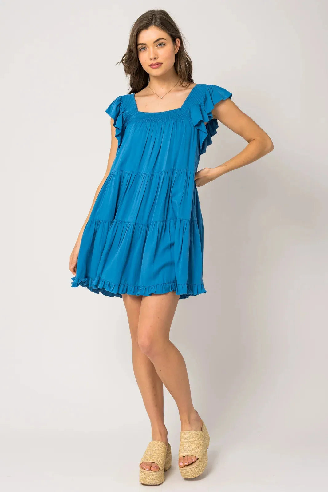 Ruffle Sleeves Square Neckline Tiered Mini Dress - Tasha Apparel Wholesale