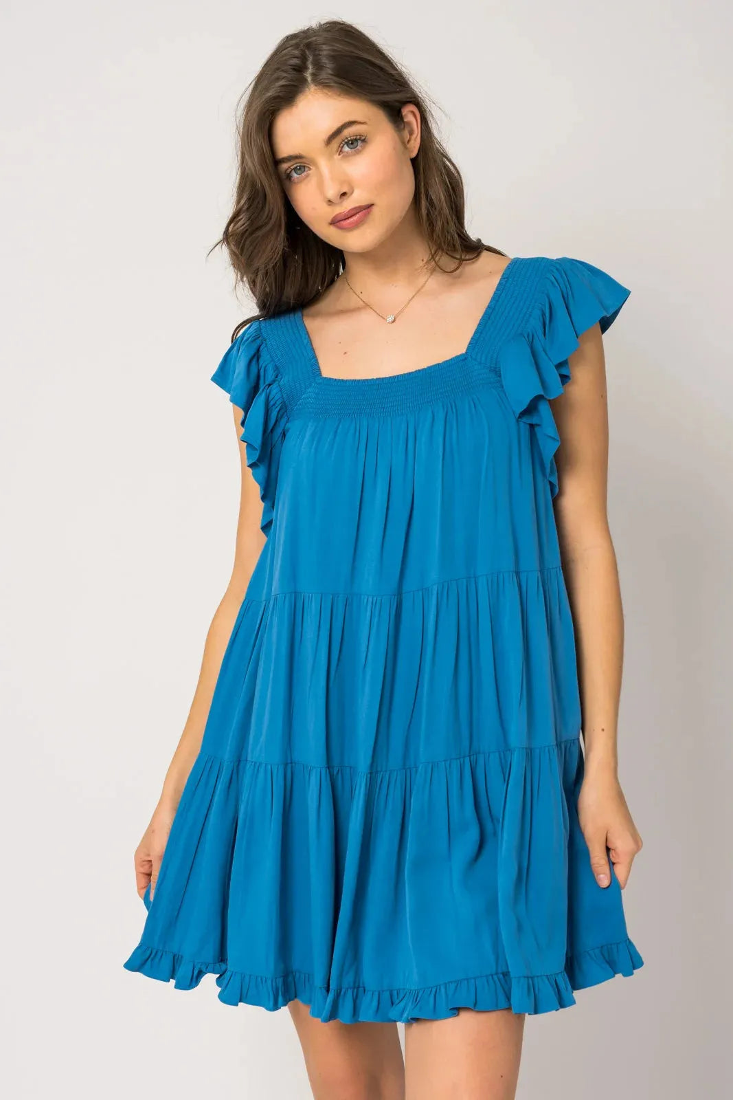 Ruffle Sleeves Square Neckline Tiered Mini Dress - Tasha Apparel Wholesale