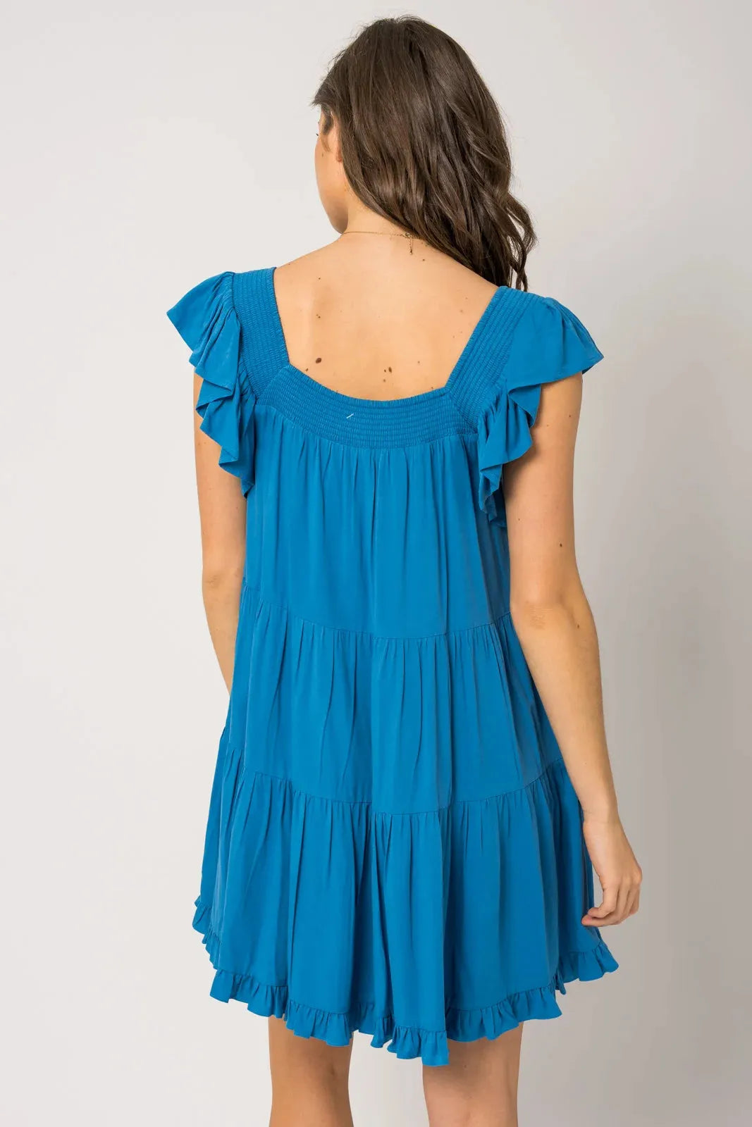 Ruffle Sleeves Square Neckline Tiered Mini Dress - Tasha Apparel Wholesale