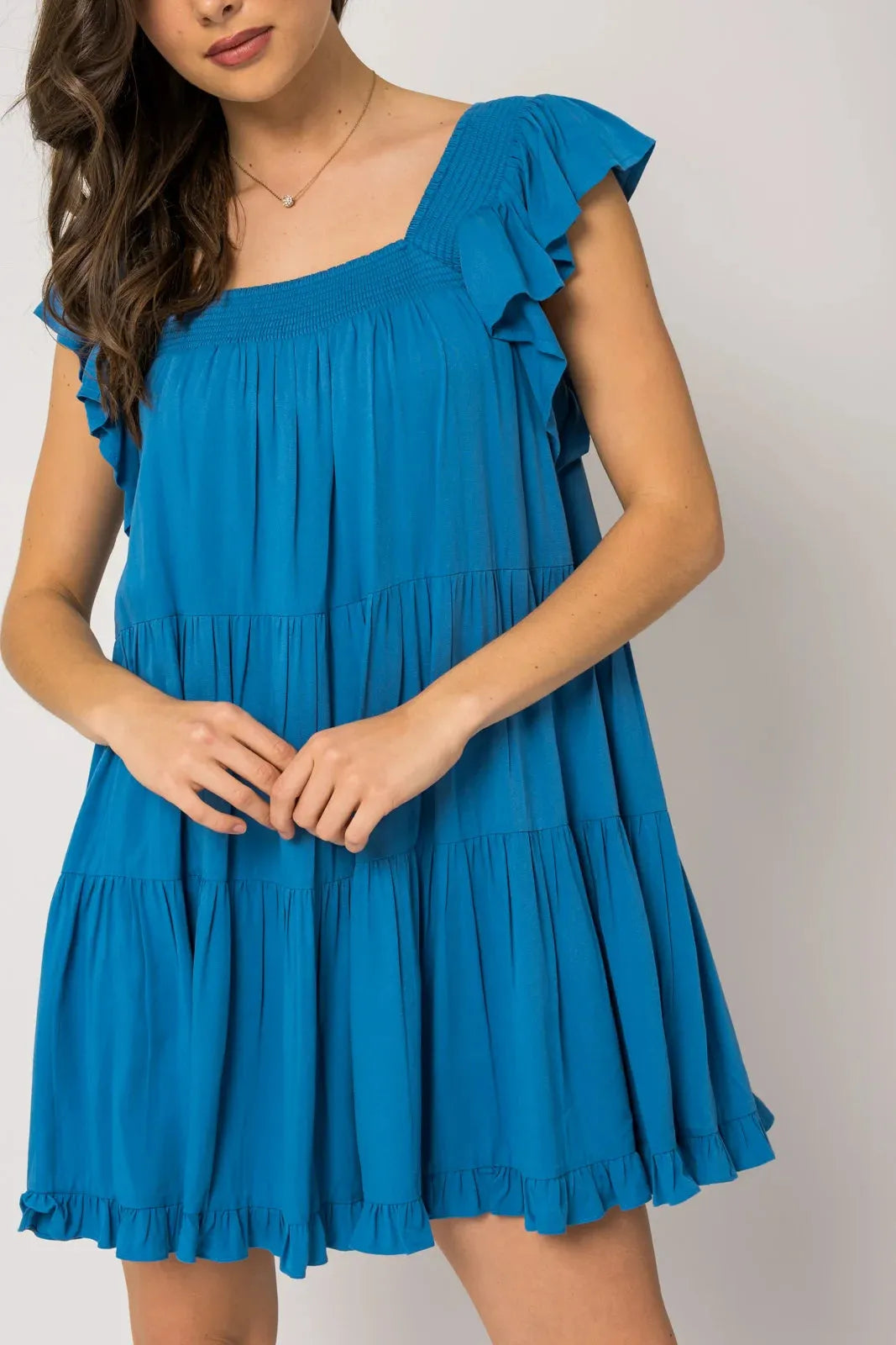 Ruffle Sleeves Square Neckline Tiered Mini Dress - Tasha Apparel Wholesale