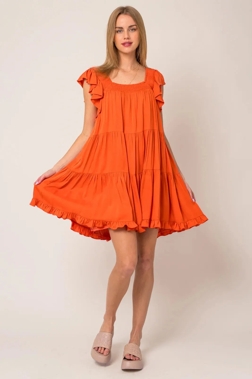 Ruffle Sleeves Square Neckline Tiered Mini Dress - Tasha Apparel Wholesale