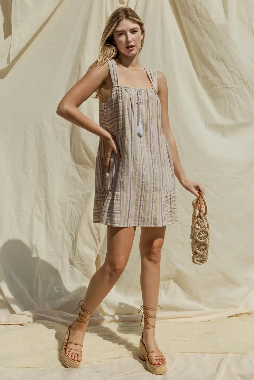 Yarn Dye Stripe Tiered Mini Dress - Tasha Apparel Wholesale