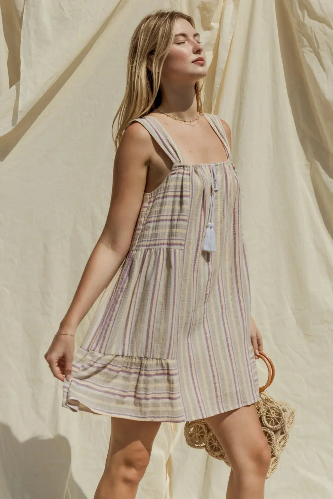 Yarn Dye Stripe Tiered Mini Dress - Tasha Apparel Wholesale