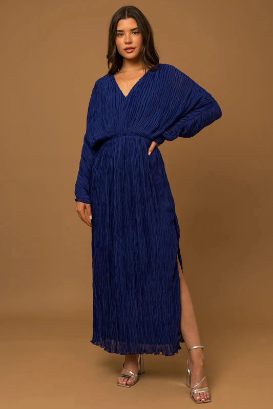 Plisse Side Slit Ruffle Hem Open Back Maxi Dress - Tasha Apparel Wholesale